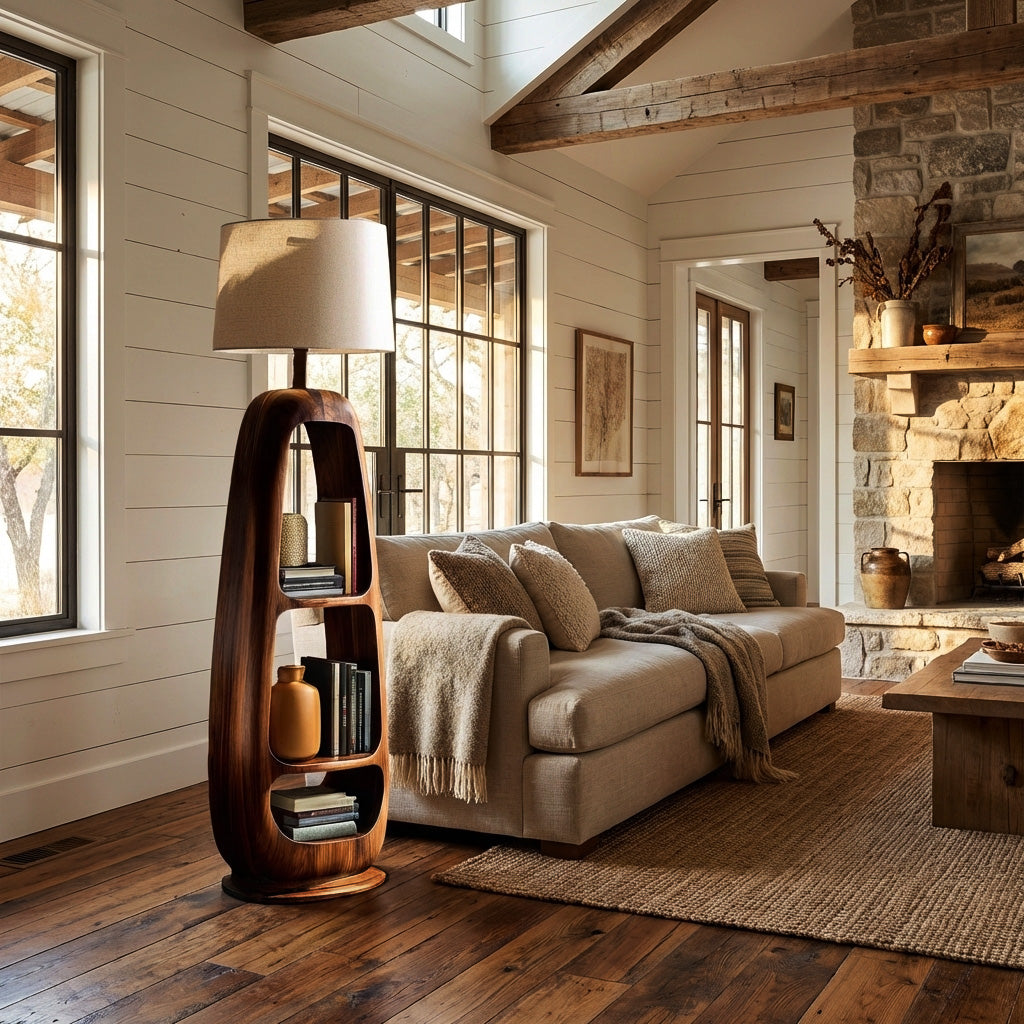 Minimalist Wooden Floor Lamp With Multiple Shelves For Living Decor