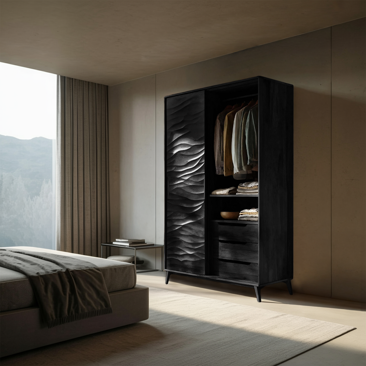 Organic Sculptural Wardrobe With Wave Door For Bedroom Interior