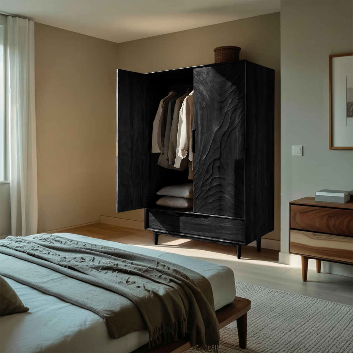 Organic Wardrobe With Carved Door For Bedroom