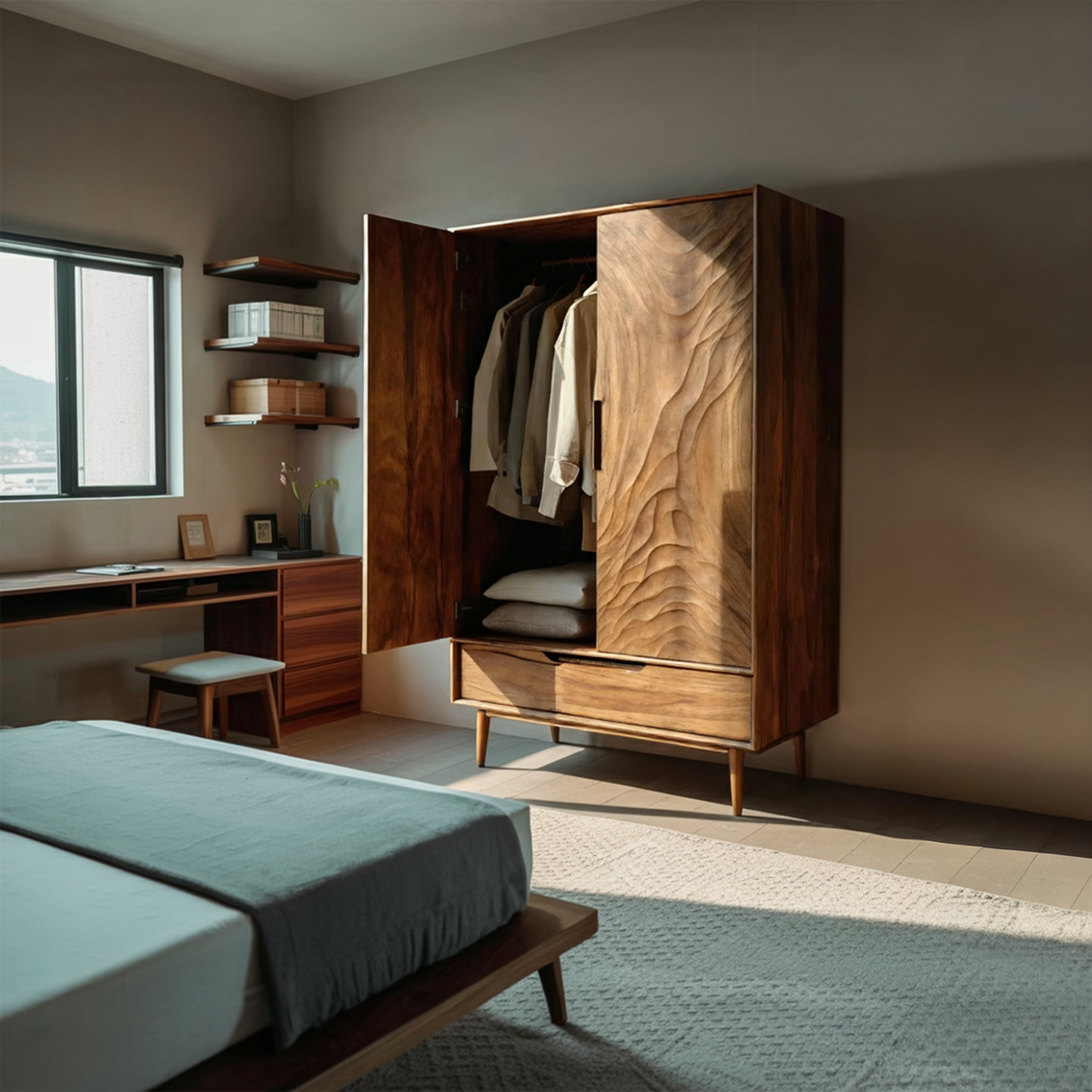 Organic Wardrobe With Carved Door For Bedroom