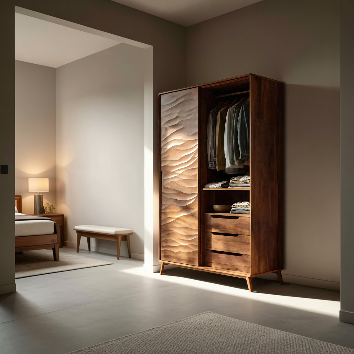 Organic Sculptural Wardrobe With Wave Door For Bedroom Interior