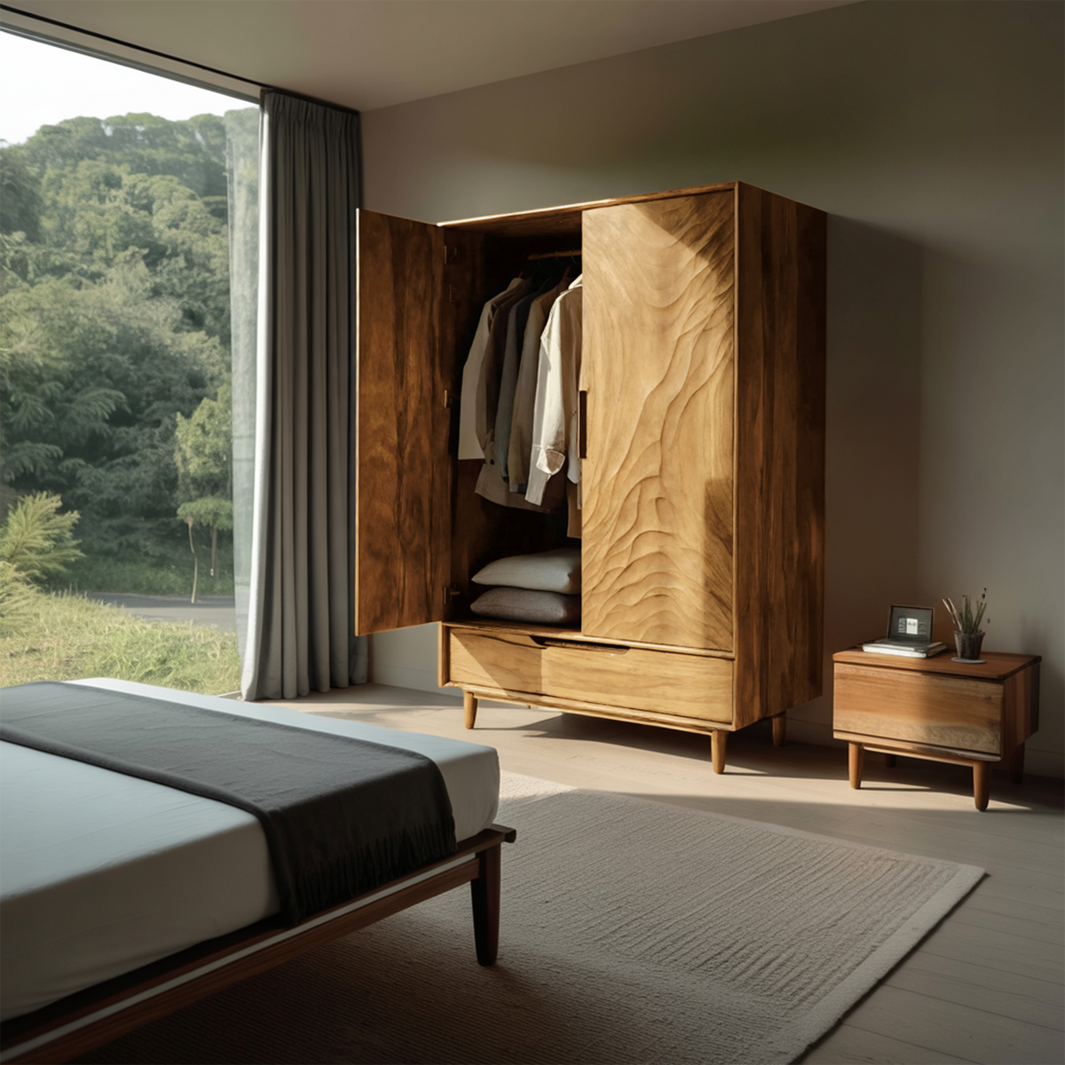 Organic Wardrobe With Carved Door For Bedroom