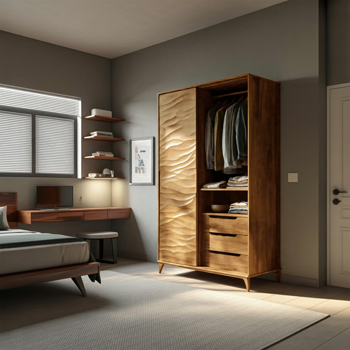 Organic Sculptural Wardrobe With Wave Door For Bedroom Interior
