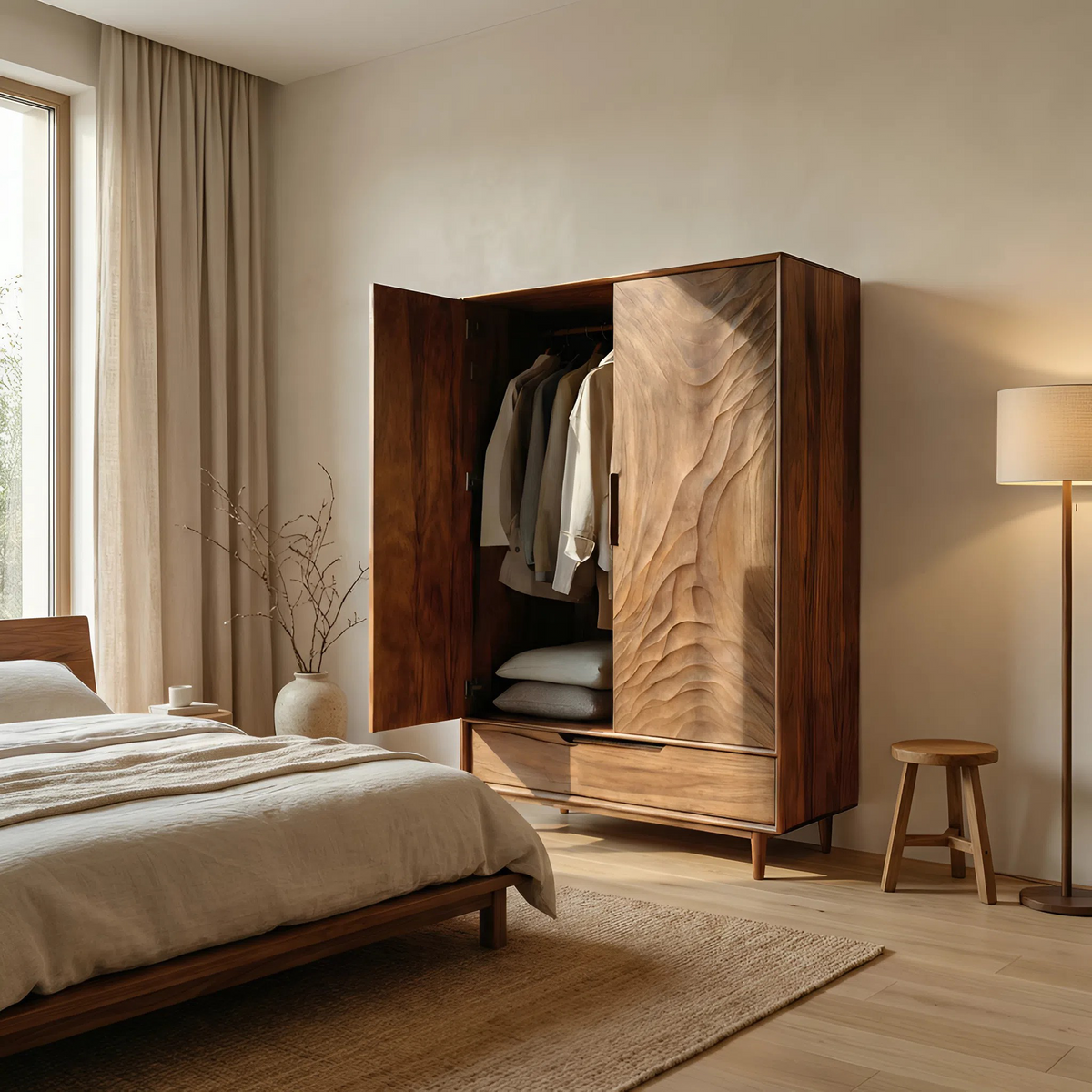 Organic Wardrobe With Carved Door For Bedroom
