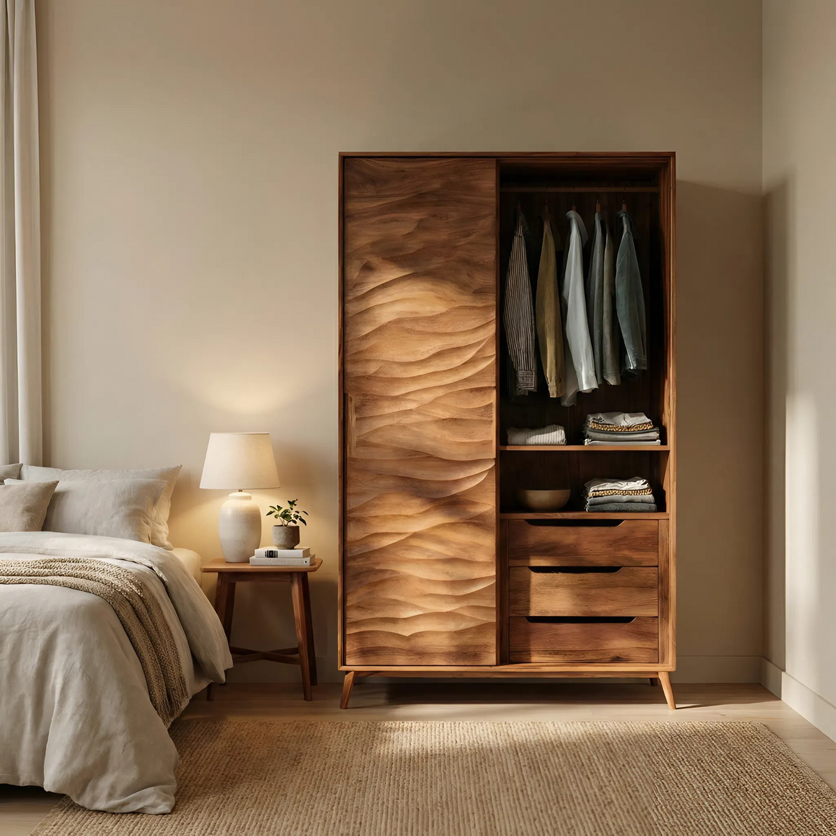 Organic Sculptural Wardrobe With Wave Door For Bedroom Interior