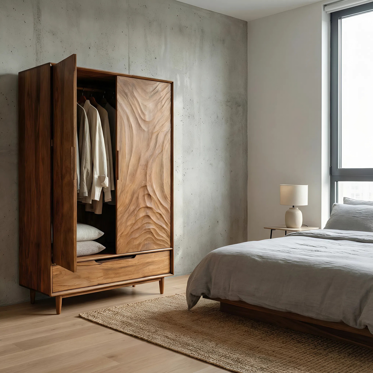 Organic Wardrobe With Carved Door For Bedroom