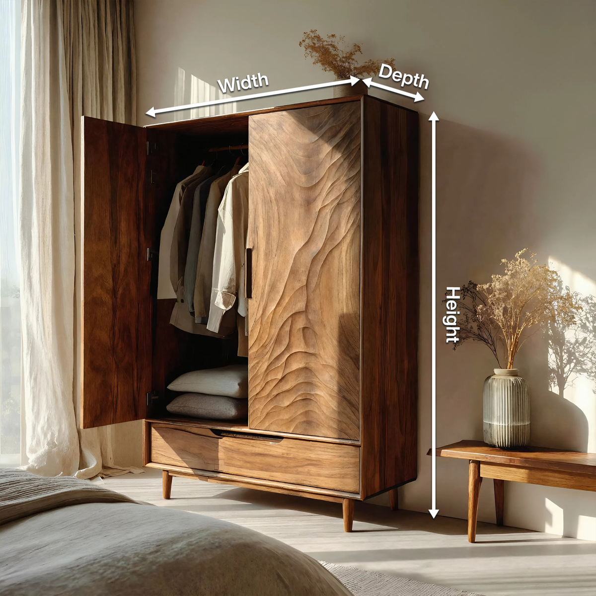 Organic Wardrobe With Carved Door For Bedroom