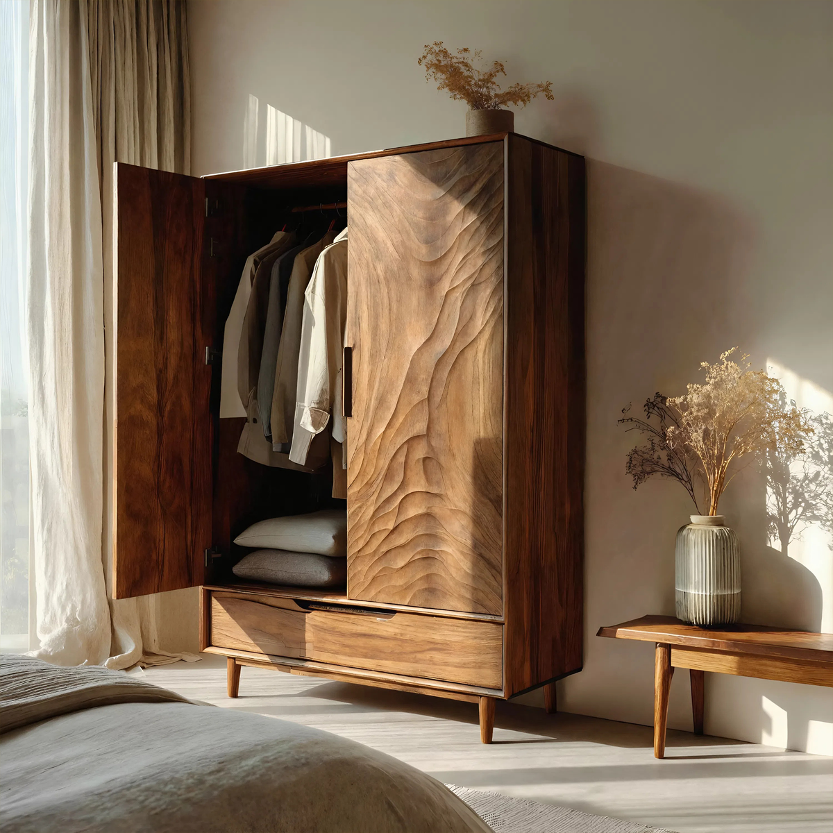 Organic Wardrobe With Carved Door For Bedroom