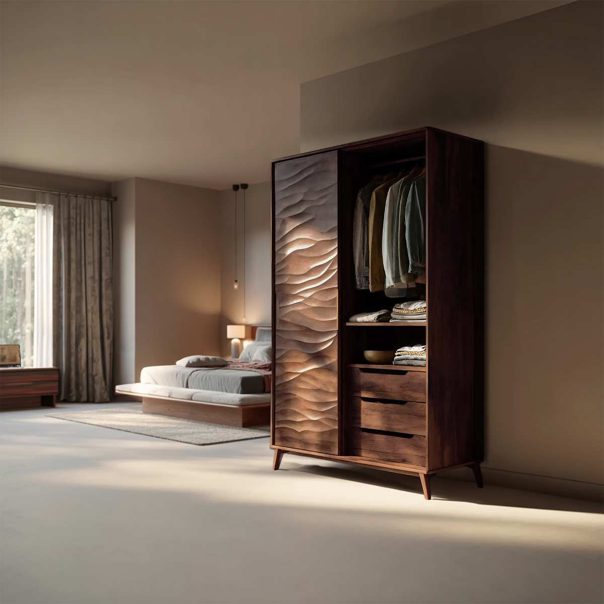 Organic Sculptural Wardrobe With Wave Door For Bedroom Interior
