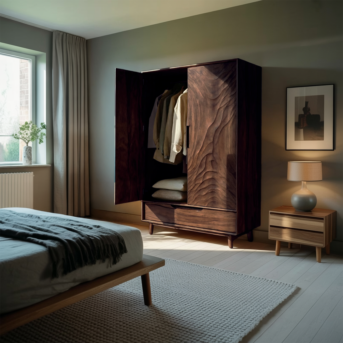 Organic Wardrobe With Carved Door For Bedroom
